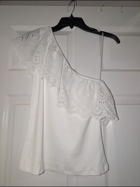 Old Navy White One-Shoulder Eyelet Ruffle Top